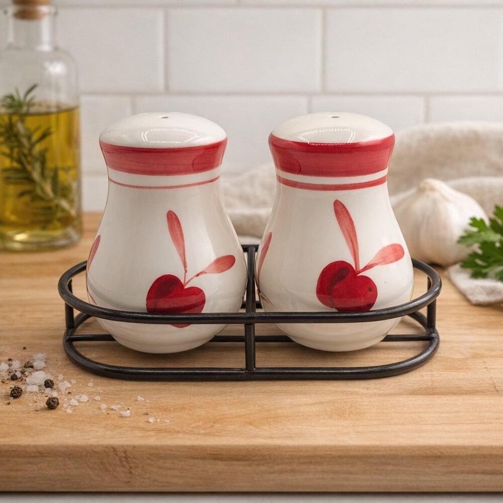Dansk Salt & Pepper Shakers w/ Metal Caddy Red Berry Pattern Farmhouse Set